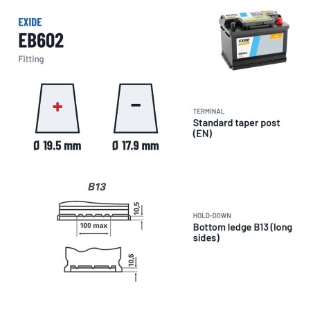 Car battery Exide EB602 12V 60Ah 540A – terminal and hold-down