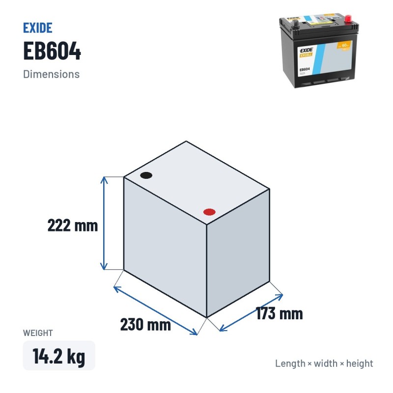 Car battery Exide EB604 12V 60Ah 480A – dimensions 230 × 173 × 222 mm
