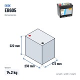 Autobatterie Exide EB605 12V 60Ah 480A – Abmessungen 230 × 173 × 222 mm