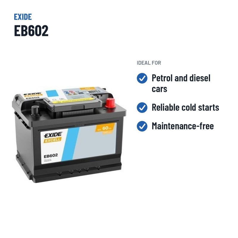 Batería de coche Exide EB602 12V 60Ah 540A | baterias.com