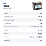 Batteria auto Exide EB602 12V 60Ah 540A – scheda tecnica