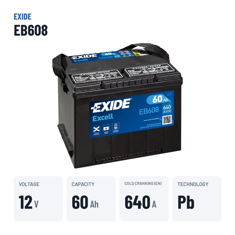 Batteria auto Exide EB608 12V 60Ah 640A – dati principali