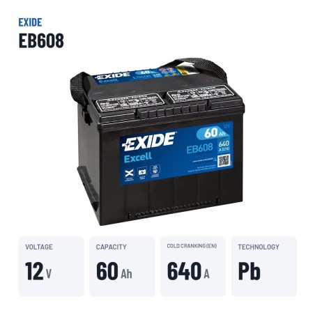 Batteria auto Exide EB608 12V 60Ah 640A – dati principali