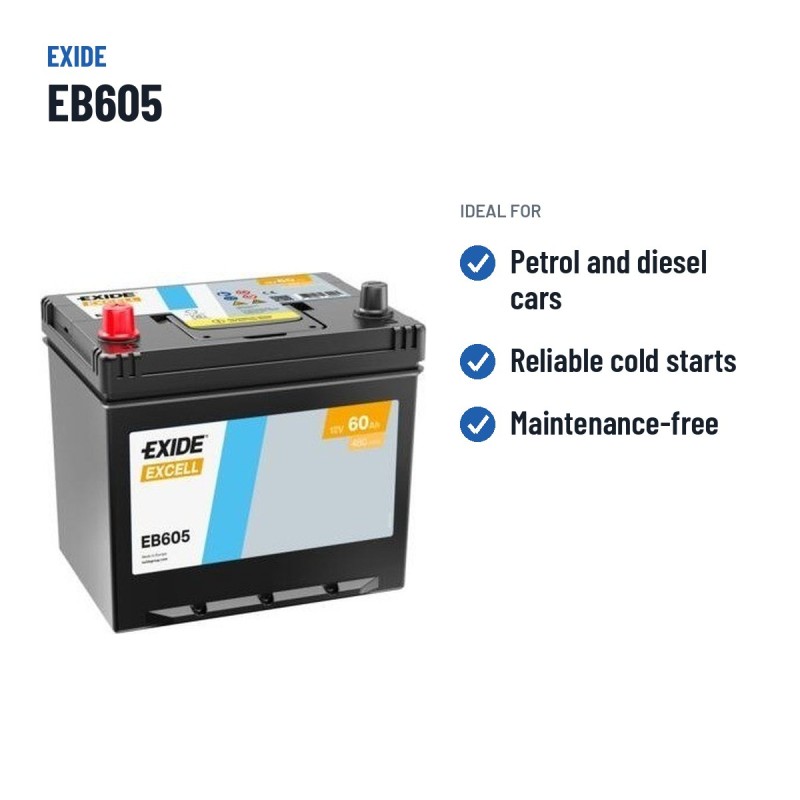 Batería de coche Exide EB605 12V 60Ah 480A – usos recomendados