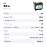 Bateria de carro Exide EB604 12V 60Ah 480A – ficha técnica