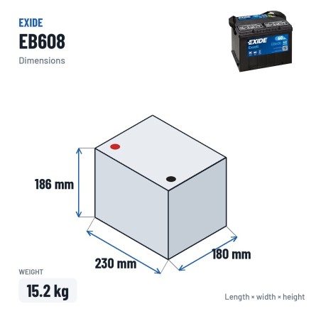 Batterie voiture Exide EB608 12V 60Ah 640A – dimensions 230 × 180 × 186 mm