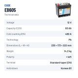 Batería de coche Exide EB605 12V 60Ah 480A – ficha técnica