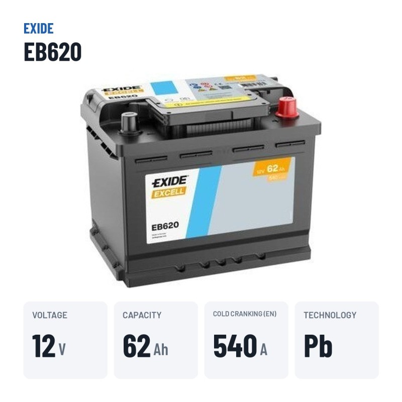 Car battery Exide EB620 12V 62Ah 540A – key specs