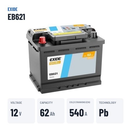 Autobatterie Exide EB621 12V 62Ah 540A – wichtigste Daten
