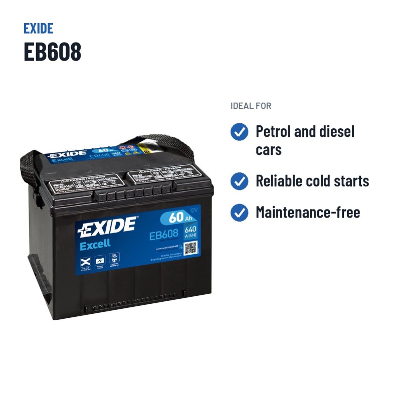 Batterie voiture Exide EB608 12V 60Ah 640A – utilisations recommandées