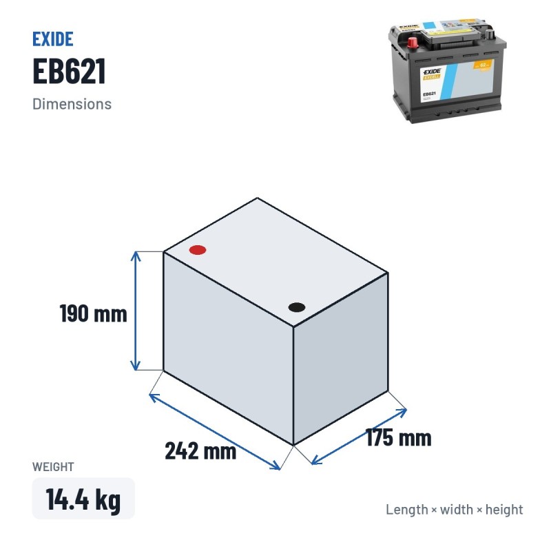 Autobatterie Exide EB621 12V 62Ah 540A – Abmessungen 242 × 175 × 190 mm
