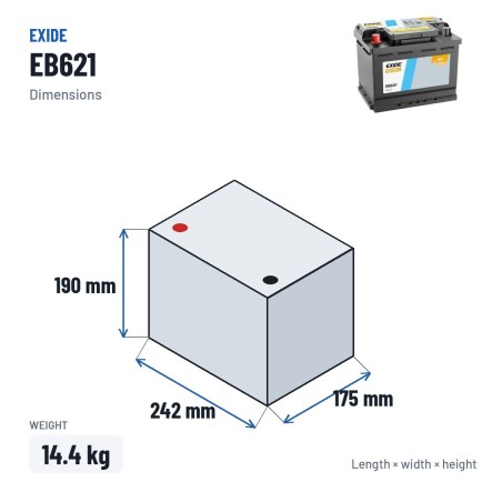 Batería de coche Exide EB621 12V 62Ah 540A – medidas 242 × 175 × 190 mm