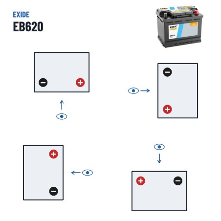 Batterie voiture Exide EB620 12V 62Ah 540A – polarité (schéma 0, + à droite)