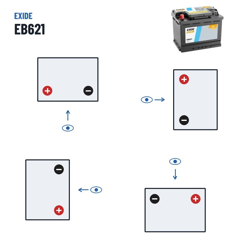 Autobatterie Exide EB621 12V 62Ah 540A – Polarität (Schaltung 1, + links)