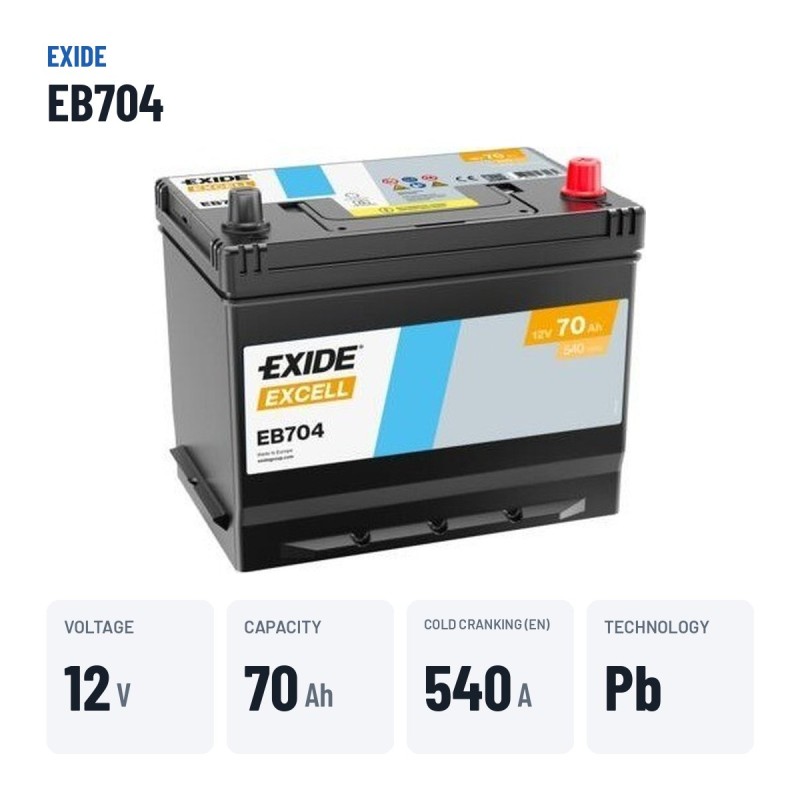 Bateria de carro Exide EB704 12V 70Ah 540A | baterias.com