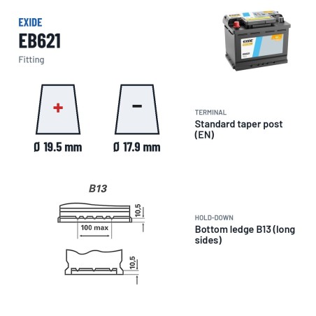 Autobatterie Exide EB621 12V 62Ah 540A – Pole und Befestigung