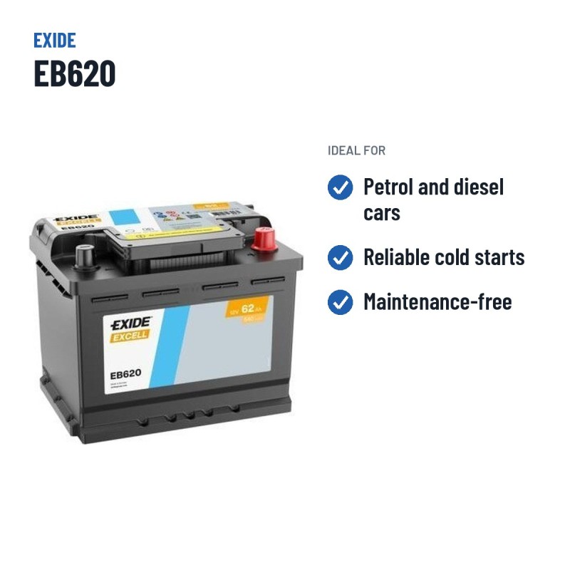 Batería de coche Exide EB620 12V 62Ah 540A – usos recomendados