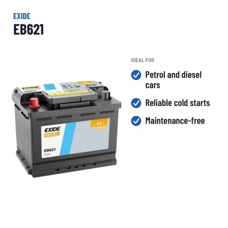 Batería de coche Exide EB621 12V 62Ah 540A – usos recomendados