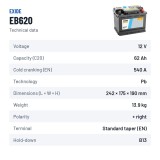 Batería de coche Exide EB620 12V 62Ah 540A – ficha técnica