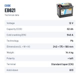 Autobatterie Exide EB621 12V 62Ah 540A – technische Daten