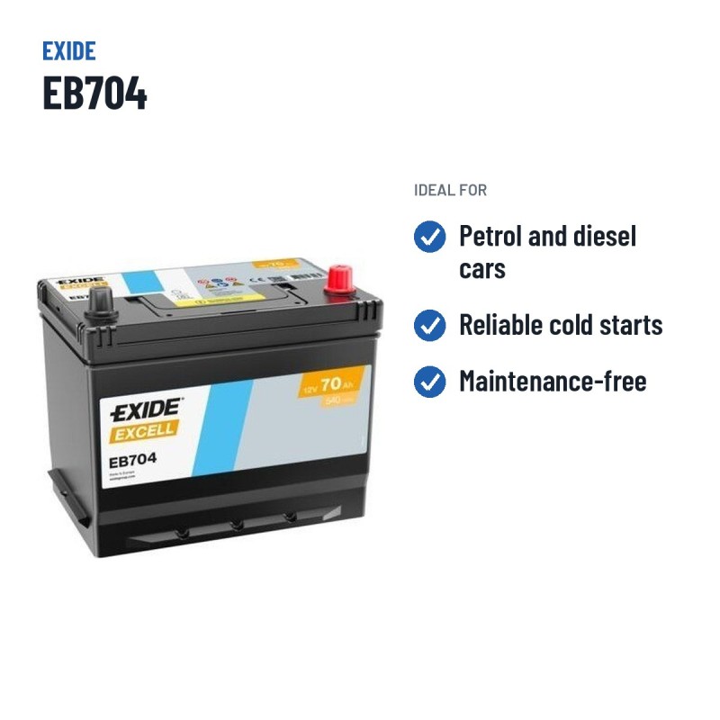Bateria de carro Exide EB704 12V 70Ah 540A | baterias.com