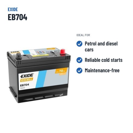 Bateria de carro Exide EB704 12V 70Ah 540A | baterias.com
