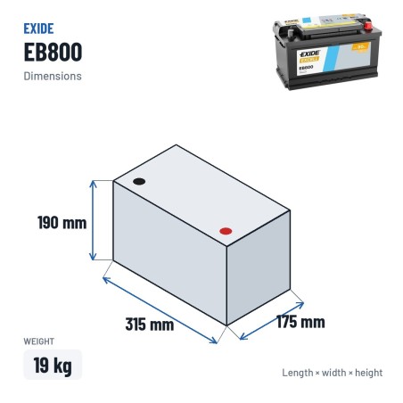 Car battery Exide EB800 12V 80Ah 640A – dimensions 315 × 175 × 190 mm