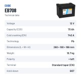 Batteria auto Exide EB708 12V 70Ah 740A – scheda tecnica