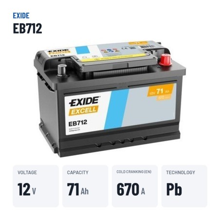 Bateria de carro Exide EB712 12V 71Ah 670A – dados principais