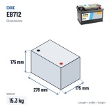 Bateria de carro Exide EB712 12V 71Ah 670A – medidas 278 × 175 × 175 mm