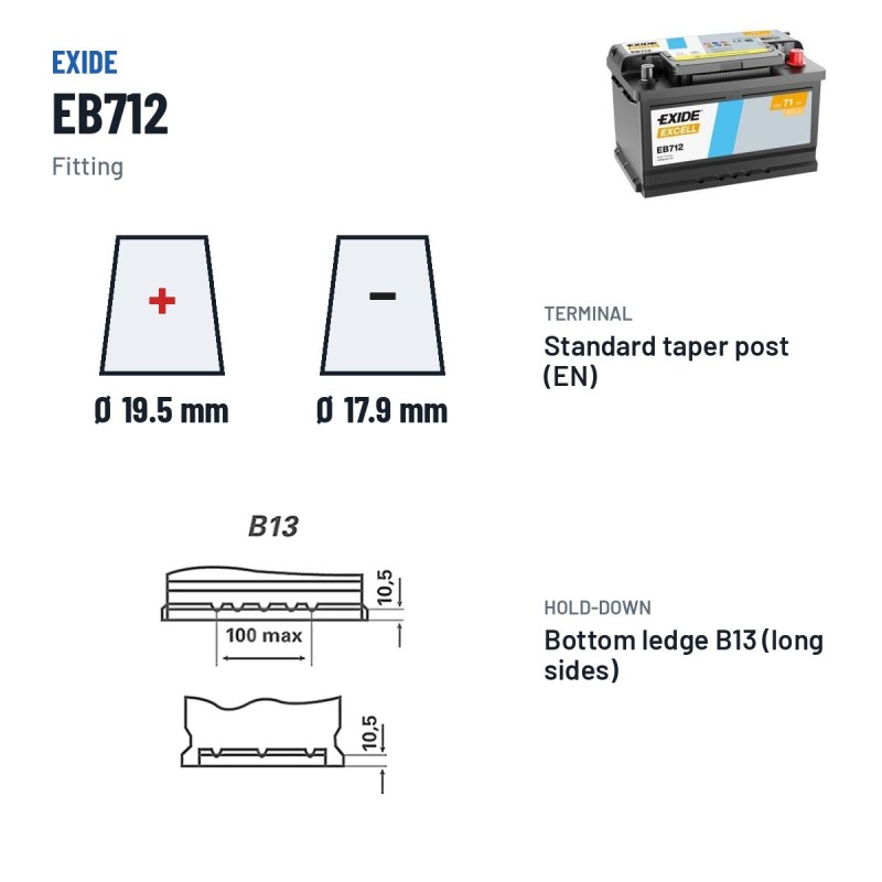Batteria auto Exide EB712 12V 71Ah 670A | baterias.com