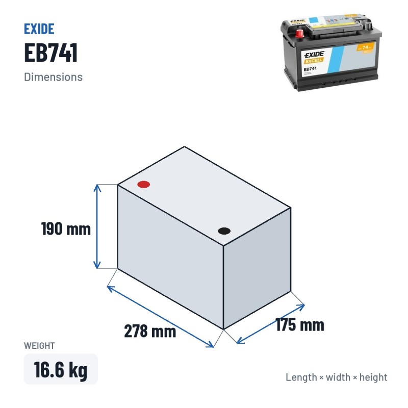 Batería de coche Exide EB741 12V 74Ah 680A | baterias.com