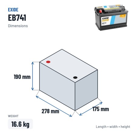 Car battery Exide EB741 12V 74Ah 680A – dimensions 278 × 175 × 190 mm