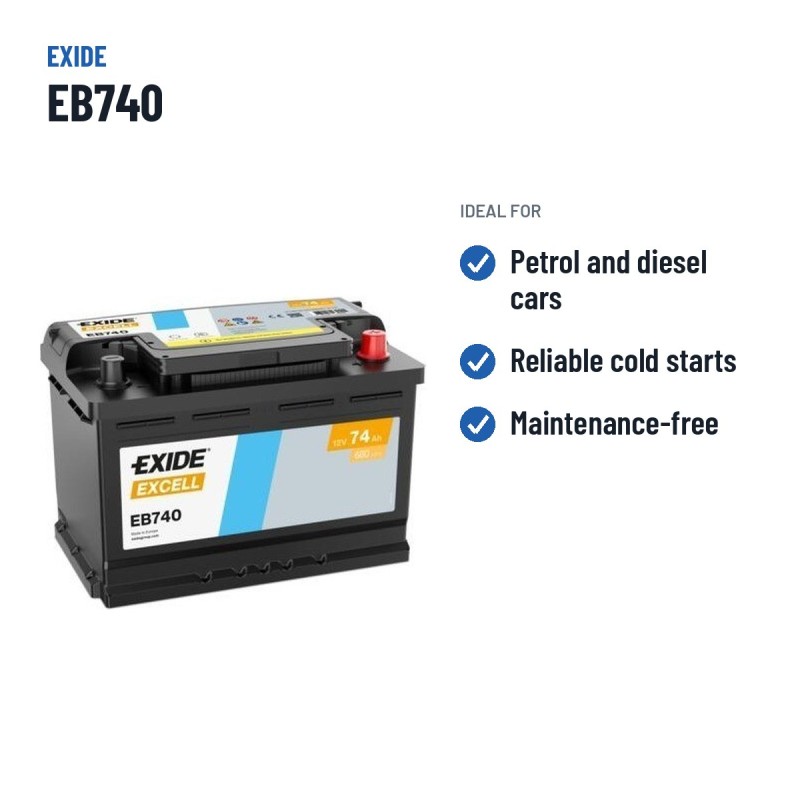 Bateria de carro Exide EB740 12V 74Ah 680A | baterias.com