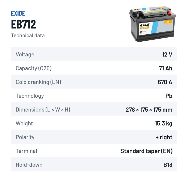 Batteria auto Exide EB712 12V 71Ah 670A | baterias.com