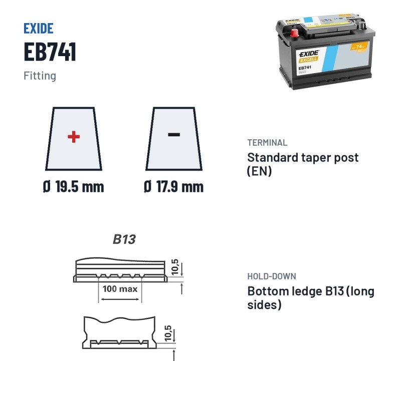 Batería de coche Exide EB741 12V 74Ah 680A | baterias.com