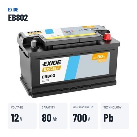 Bateria de carro Exide EB802 12V 80Ah 700A – dados principais