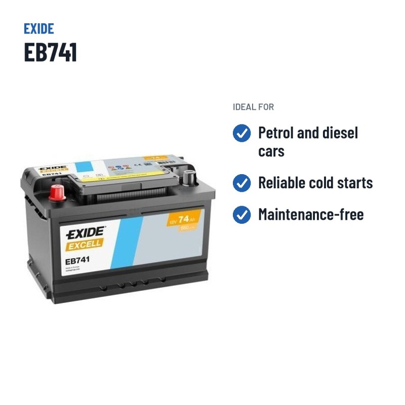 Batería de coche Exide EB741 12V 74Ah 680A | baterias.com