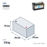 Bateria de carro Exide EB802 12V 80Ah 700A – medidas 315 × 175 × 175 mm