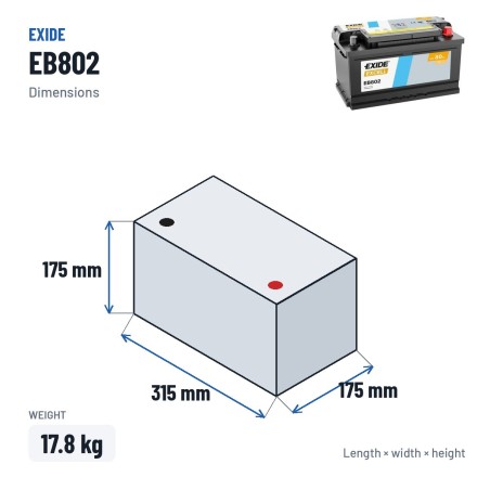 Bateria de carro Exide EB802 12V 80Ah 700A – medidas 315 × 175 × 175 mm