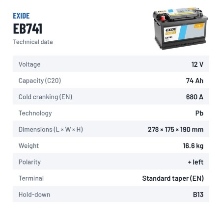 Batería de coche Exide EB741 12V 74Ah 680A | baterias.com