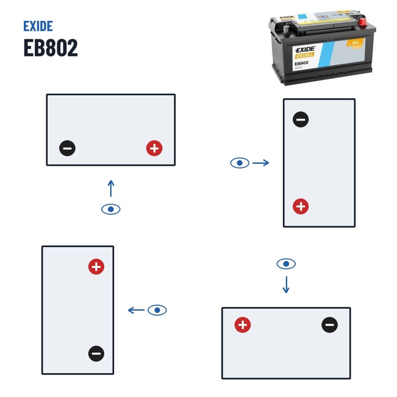 Bateria de carro Exide EB802 12V 80Ah 700A – polaridade (esquema 0, + direita)