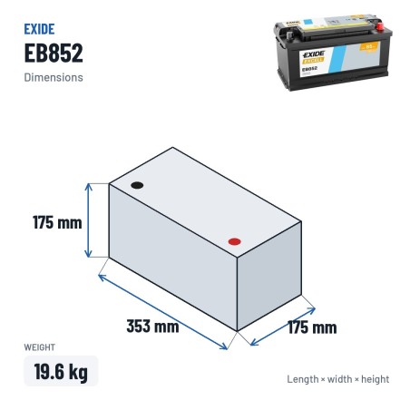 Batteria auto Exide EB852 12V 85Ah 760A – dimensioni 353 × 175 × 175 mm
