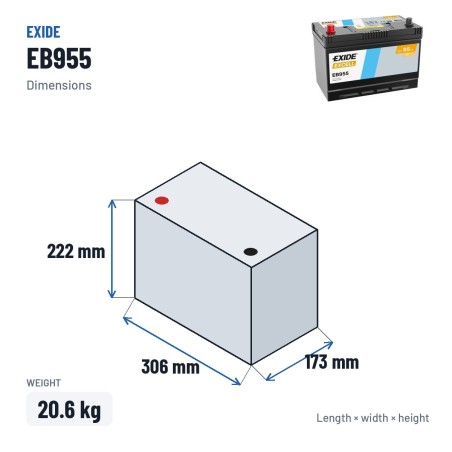 Batería de coche Exide EB955 12V 95Ah 760A – medidas 306 × 173 × 222 mm