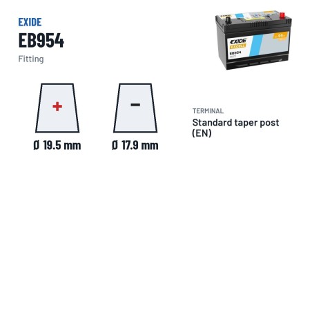 Batterie voiture Exide EB954 12V 95Ah 760A – bornes et fixation