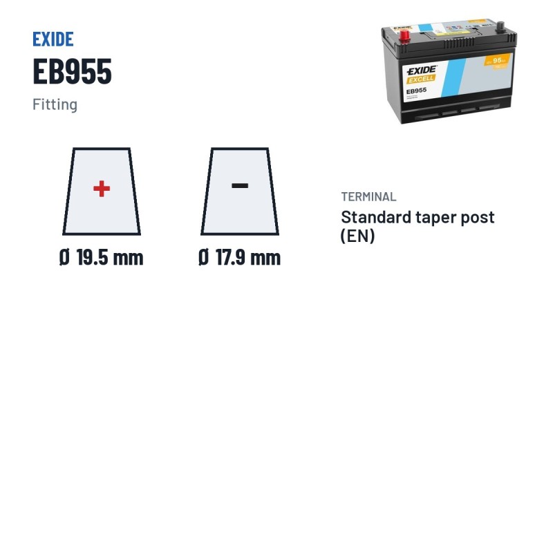 Batterie voiture Exide EB955 12V 95Ah 760A – bornes et fixation
