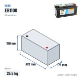 Car battery Exide EB1100 12V 110Ah 850A – dimensions 392 × 175 × 190 mm
