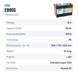 Car battery Exide EB955 12V 95Ah 760A – technical data