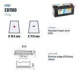 Car battery Exide EB1100 12V 110Ah 850A – terminal and hold-down