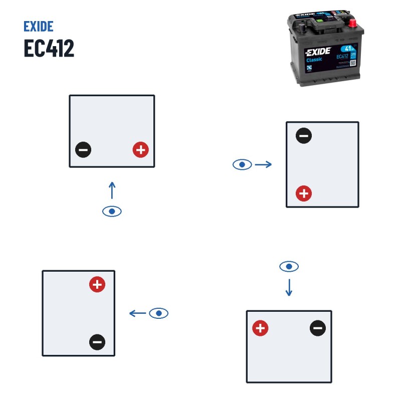 Batterie voiture Exide EC412 12V 41Ah 370A – polarité (schéma 0, + à droite)